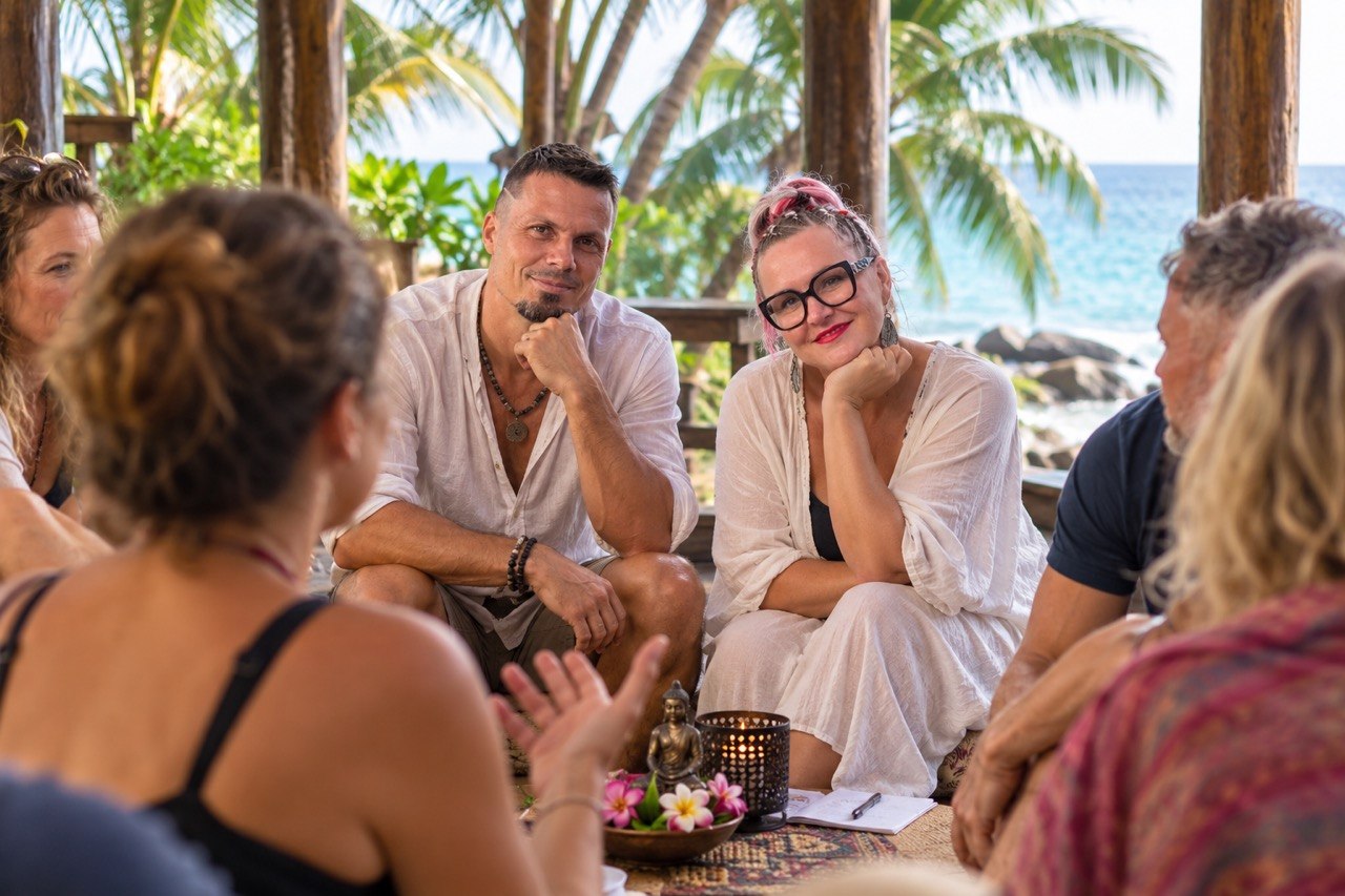 Tomáš a Pavlína sedí v kruhu s účastníky při sdílení na verandě u moře
